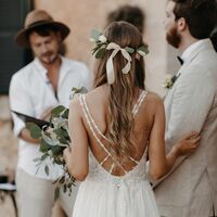 Fairy A Line V Neck Cross Back Chiffon Long Wedding Dresses - Thumbnail 1