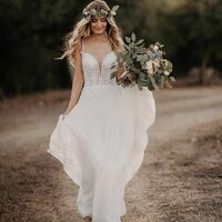 Fairy A Line V Neck Cross Back Chiffon Long Wedding Dresses - Thumbnail 2