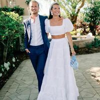 Fairy Two Piece Satin Long Wedding Dresses with Ruffled Sleeves - Thumbnail 1