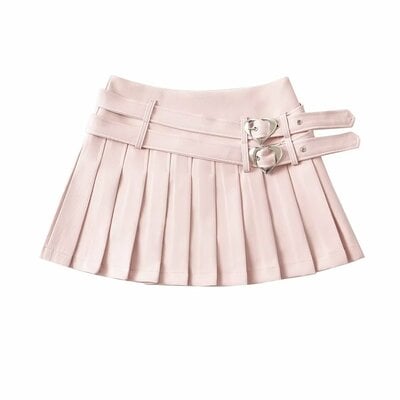 Pastel pink white black cute angel double belts fresh spring summer high waist tennis pleated short mini skirt