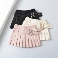 Pastel Pink White Black Cute Angel Double Belts Fresh Spring Summer High Waist Tennis Pleated Short Mini Skirt - Thumbnail 3