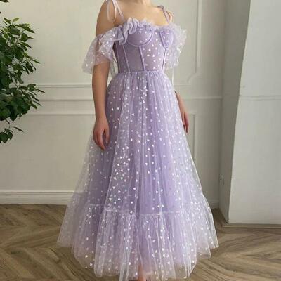 Elegant bright lavender tulle prom dresses - Thumbnail 1