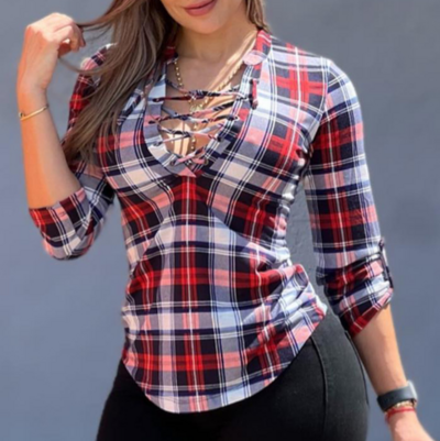 Fashion Women's Long Sleeve Red Plaid Top