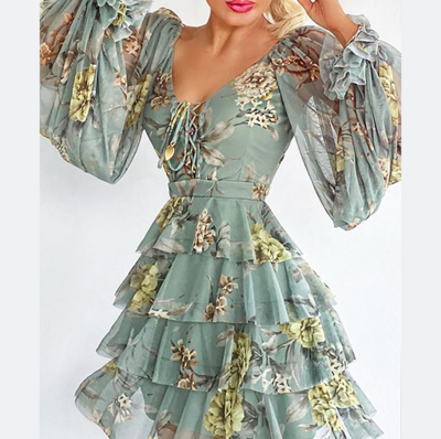 Blue Floral Print Casual Long Sleeve Dress