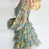 Blue Floral Print Casual Long Sleeve Dress - Thumbnail 2