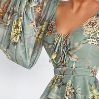 Blue Floral Print Casual Long Sleeve Dress - Thumbnail 1
