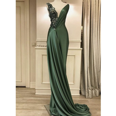 V Neck Olive Green Prom Dresses Long
