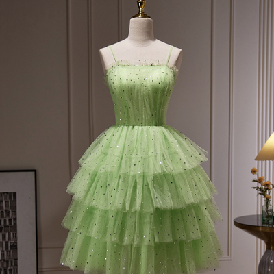 Green tulle straps short party dress, green homecoming dress formal dress - Thumbnail 1