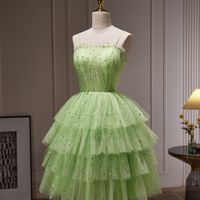 Green Tulle Straps Short Party Dress, Green Homecoming Dress Formal Dress - Thumbnail 2