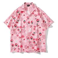 Strawberry Sakura Flower Full Print Short Sleeve Pink Blouse Shirt - Thumbnail 1