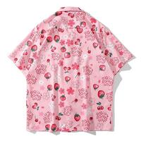 Strawberry Sakura Flower Full Print Short Sleeve Pink Blouse Shirt - Thumbnail 2