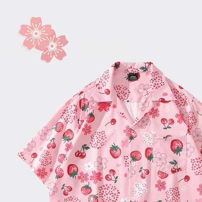 Strawberry sakura flower full print short sleeve pink blouse shirt - Thumbnail 1