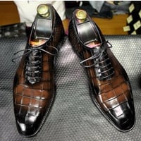Men's Alligator Shoes, Two Tone Leather Whole Cut Handmade Lace Up Shoes  - Thumbnail 3