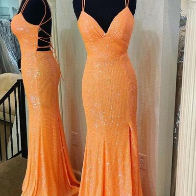 Sexy sequin v-neck side slit long prom dresses - Thumbnail 1