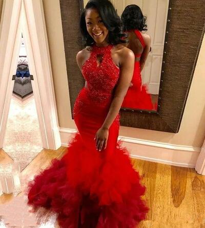Halter Appliques Ruffles Red Prom Dresses 