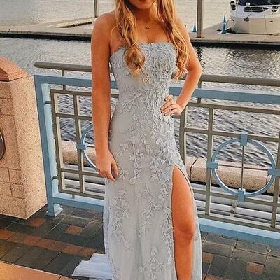 Mermaid light blue lace long split prom dress - Thumbnail 1