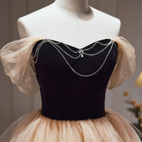 Black Velvet and Champagne Tiered Tulle Short Prom Dress - Thumbnail 1