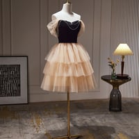 Black Velvet and Champagne Tiered Tulle Short Prom Dress - Thumbnail 2