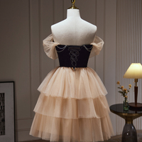 Black Velvet and Champagne Tiered Tulle Short Prom Dress - Thumbnail 3