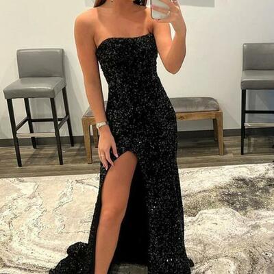 Shiny strapless black sequin prom dresses - Thumbnail 2