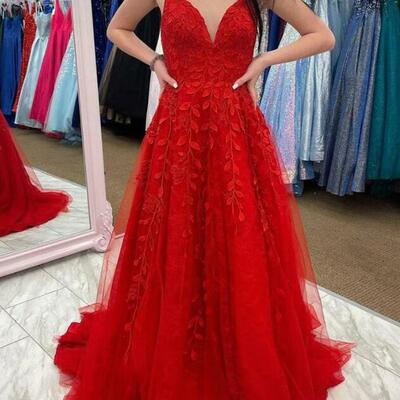 A line v neck red lace backless prom dresses - Thumbnail 2