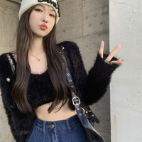 Elegant Pink Blue Black White Faux Mink Fur Velvet Soft Fluffy Camisole Cardigan Sweater Two Piece Set - Thumbnail 7