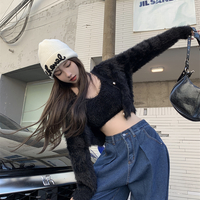 Elegant Pink Blue Black White Faux Mink Fur Velvet Soft Fluffy Camisole Cardigan Sweater Two Piece Set - Thumbnail 8