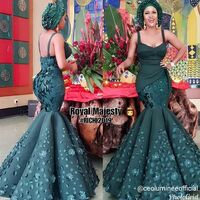 Dark Green Mermaid Lace African Prom Dress Evening Dress - Thumbnail 1