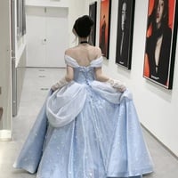 Midnight Cinderella Prom Evening Party Elegant Blue Gown Princess Fairy Puff Sleeve Tube Dress - Thumbnail 6