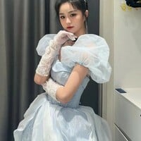 Midnight Cinderella Prom Evening Party Elegant Blue Gown Princess Fairy Puff Sleeve Tube Dress - Thumbnail 2