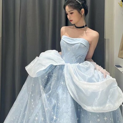 Midnight cinderella prom evening party elegant blue gown princess fairy puff sleeve tube dress