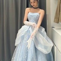 Midnight Cinderella Prom Evening Party Elegant Blue Gown Princess Fairy Puff Sleeve Tube Dress - Thumbnail 1
