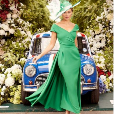 Green sheath tea-length mother of bride and groom dress evening dress