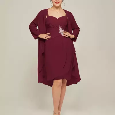 Plus size wine red burgundy short chiffon mother of bride and groom dress evening dress