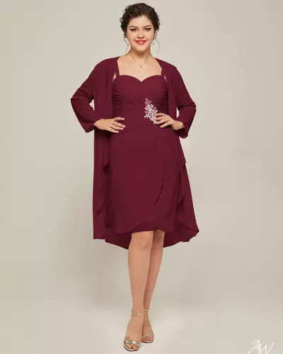 Plus Size WIne Red Burgundy Short Chiffon Mother of Bride and Groom Dress Evening Dress