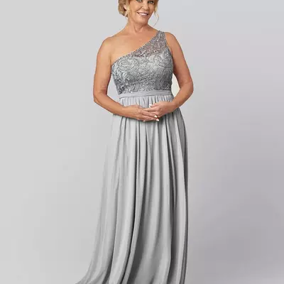 Grey sheath one shoulder lace mother of bride and groom dress evening dress