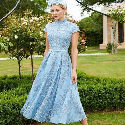 Blue lace tea-length sheath mother of bride and groom dress evening dress