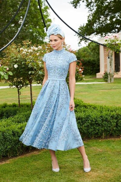 Blue Lace Tea-length Sheath Mother of Bride and Groom Dress Evening Dress