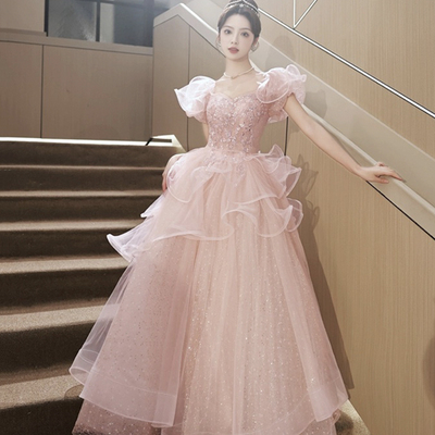 Pink tulle sequins long prom dress, lovely short sleeve evening dress, pink formal dress - Thumbnail 3