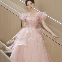 Pink Tulle Sequins Long Prom Dress, Lovely Short Sleeve Evening Dress, Pink Formal Dress - Thumbnail 1