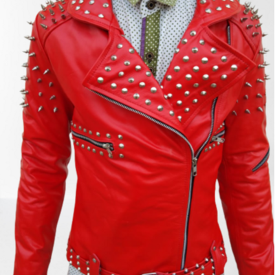 Mens studded red leather biker fashion punk style jacket - Thumbnail 5