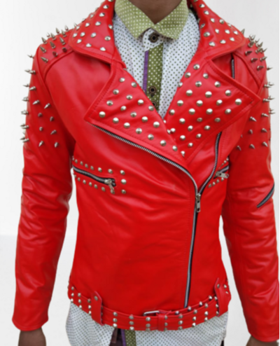 Mens Studded Red Leather Biker Fashion Punk Style Jacket