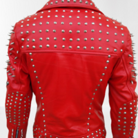Mens Studded Red Leather Biker Fashion Punk Style Jacket - Thumbnail 1