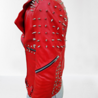 Mens Studded Red Leather Biker Fashion Punk Style Jacket - Thumbnail 2