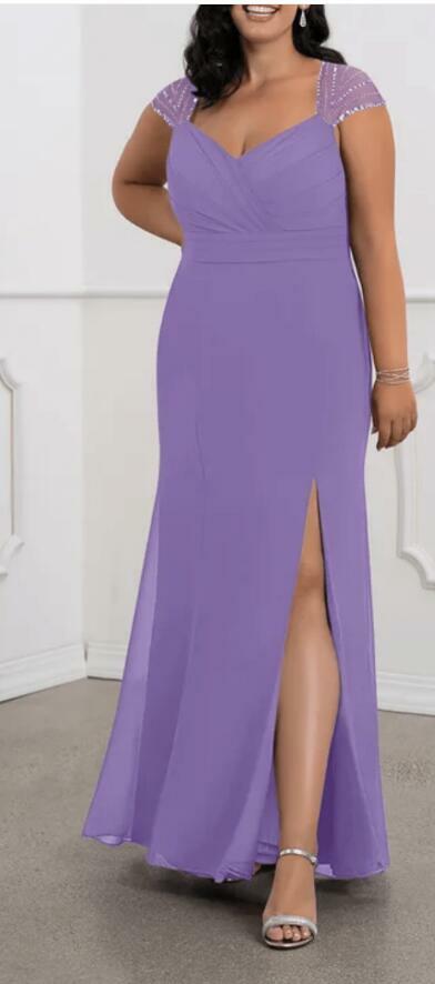 Purple Plus Size Chiffon Side Slit Mother of Bride and Groom Dress Evening Dress