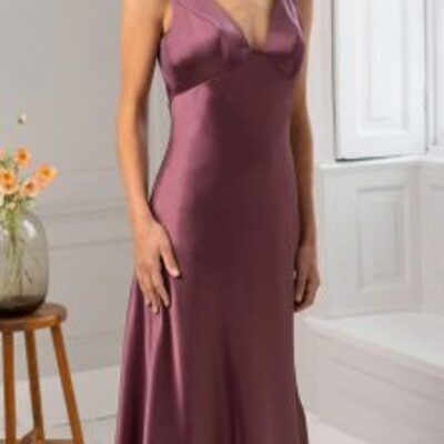 Stylish burgundy mother of bride and groom dress v-neck lsatin evening dress