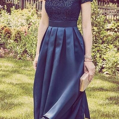 Elegant navy blue lace bodice mother of bride and groom dress satin evening dress