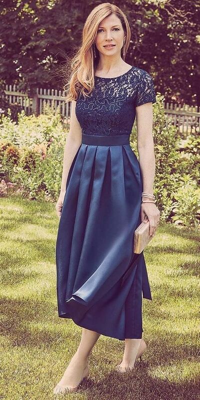 Elegant Navy Blue Lace Bodice Mother of Bride and Groom Dress Satin Evening Dress