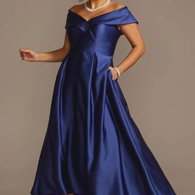 Off shoulder royal blue plus size mother of bride and groom dress satin evening dress - Thumbnail 5