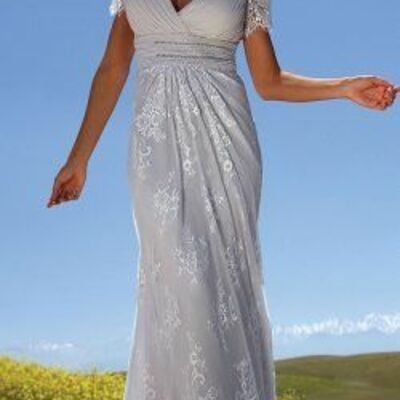 Silver gray v-neck mother of bride and groom dress lace evening dress - Thumbnail 5
